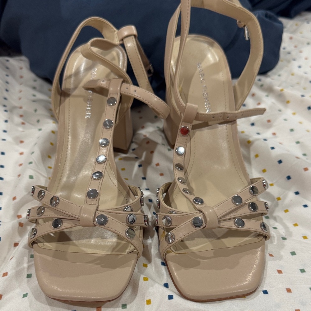 Marc Fisher Nude Strappy Sandals with Silver Studs